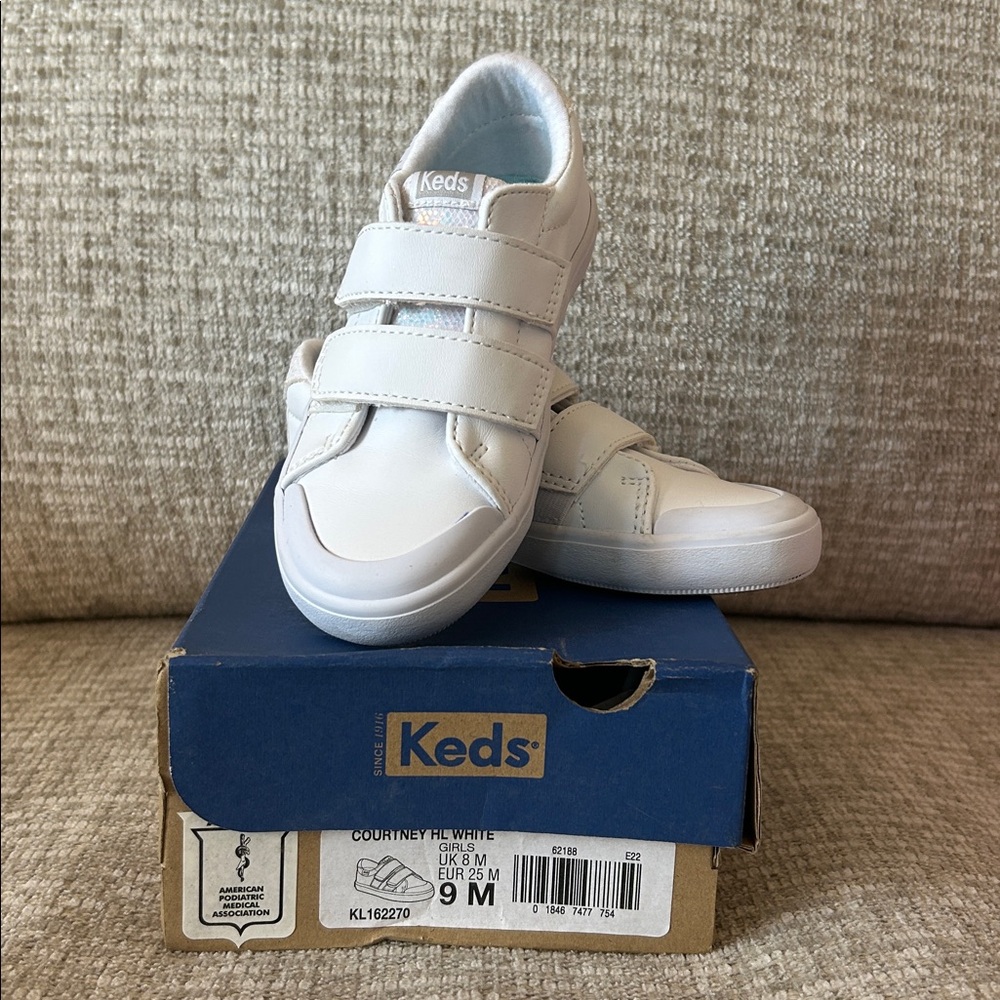 Keds Courtney Velcro faux leather white & iridescent Shoes -little girl size 9